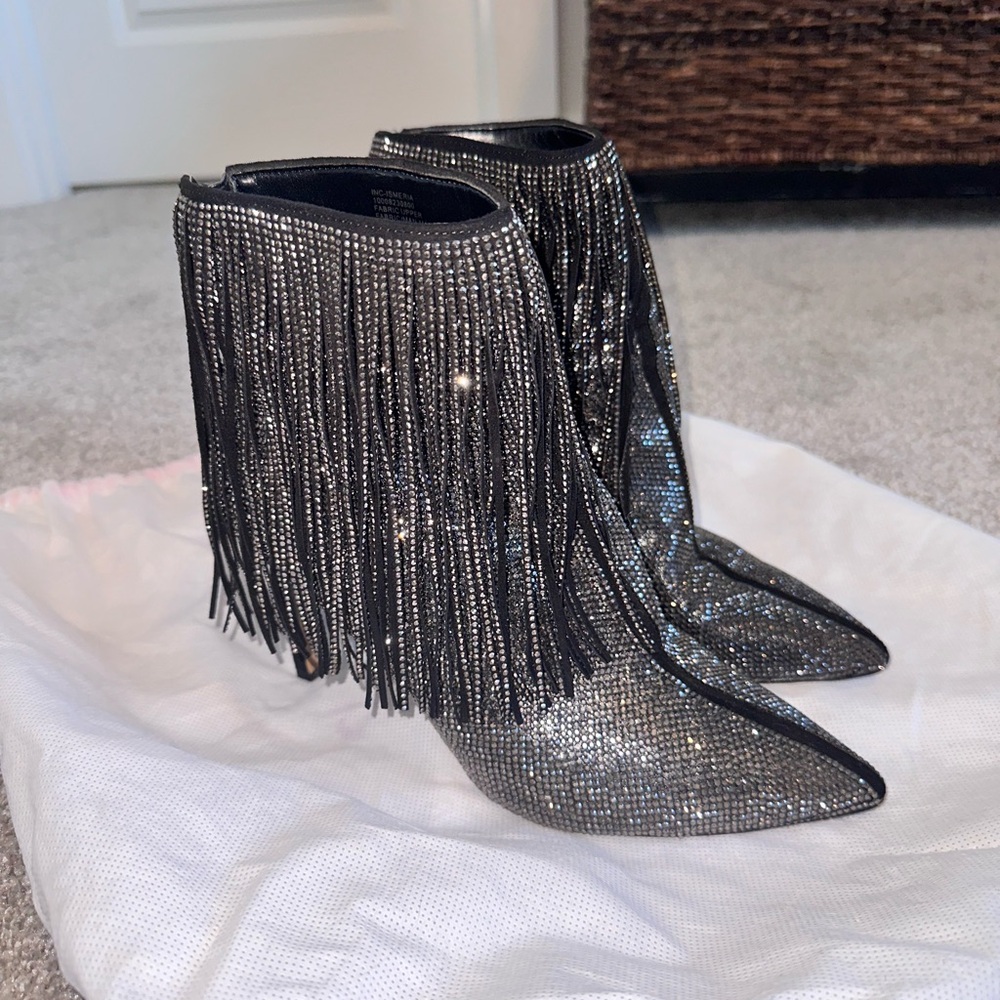 INC International Concepts Black and Silver Ankle Booties with Fringe